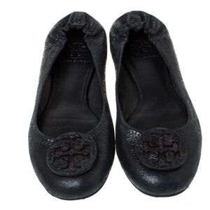 Tory Burch REVA Black Pebble Leather Ballet Flats
